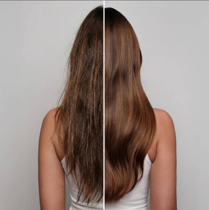 Before and after comparison of hair with a hair treatment on a neutral background