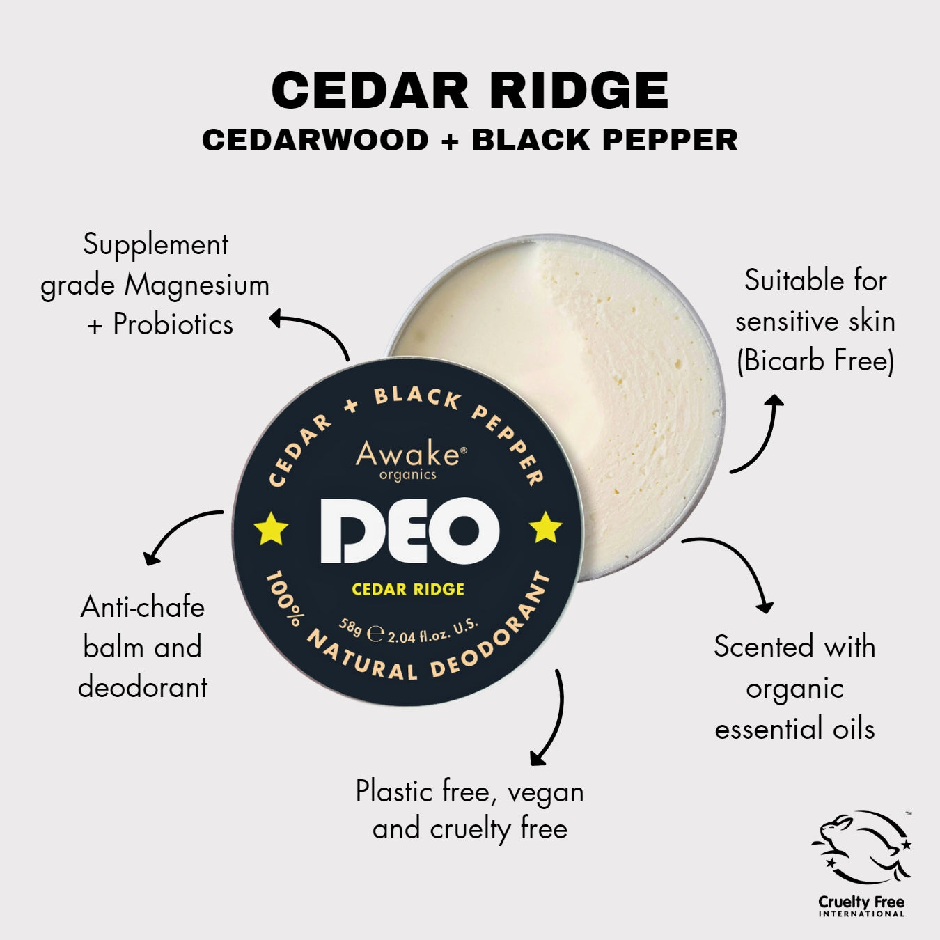 Awake Organics Deo Natural Deodorant Cedar Ridge Cedar + Black Pepper 58g