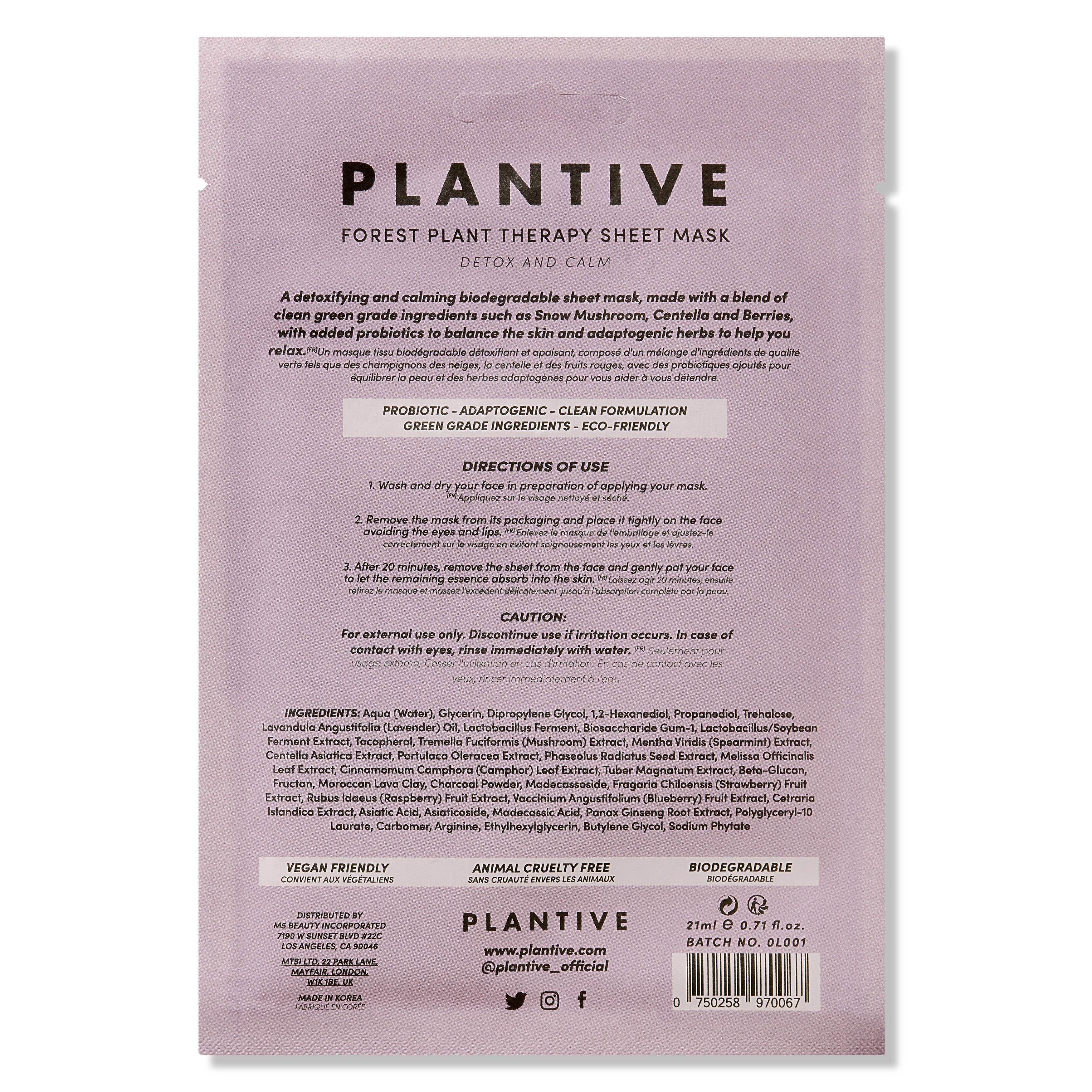 Vitamasques Plantive Forest Plant Therapy Biodegradable Face Sheet Mask