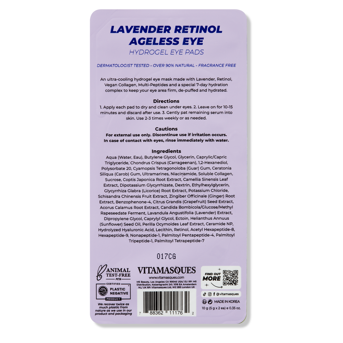 Vitamasques Lavender Retinol Ageless Eye Hydrogel Eye Pads - 1 Pair