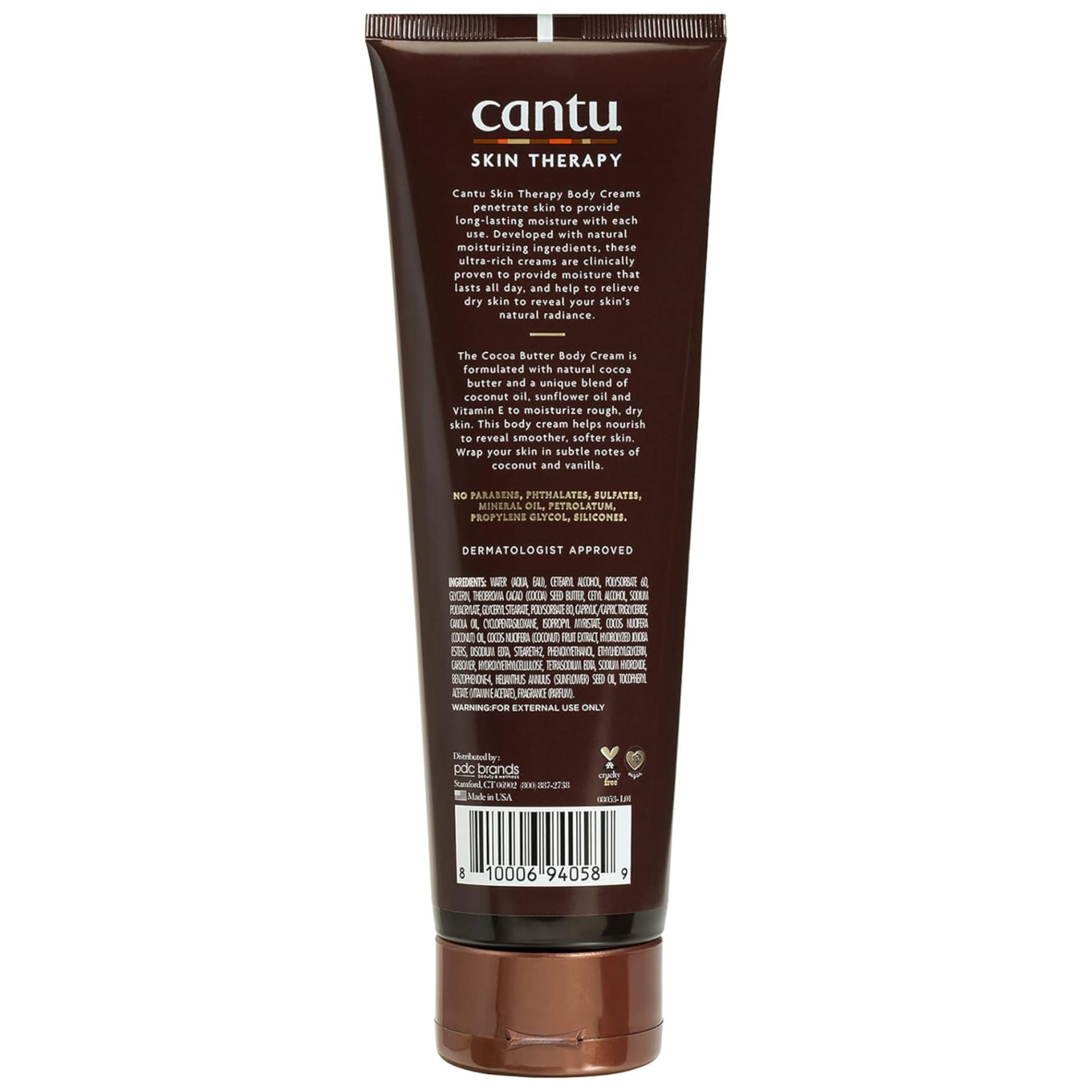 Cantu Skin Therapy Shea Butter Hydrating Body Cream 240g back of brown tube, ingredients list, barcode on a clean white background