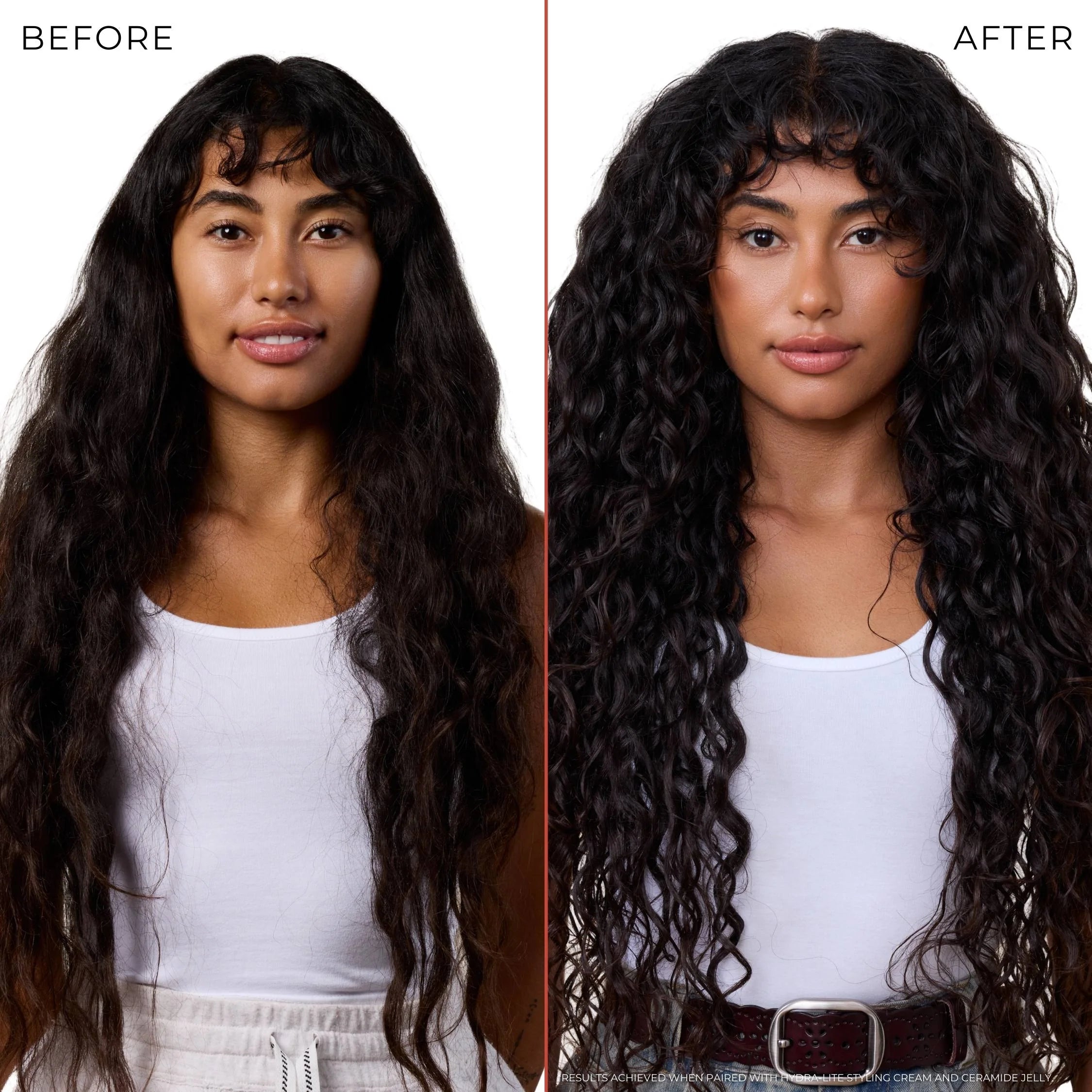 Before and after comparison of a person with styled hair using ceramide jelly from the bounce curl weightless collection