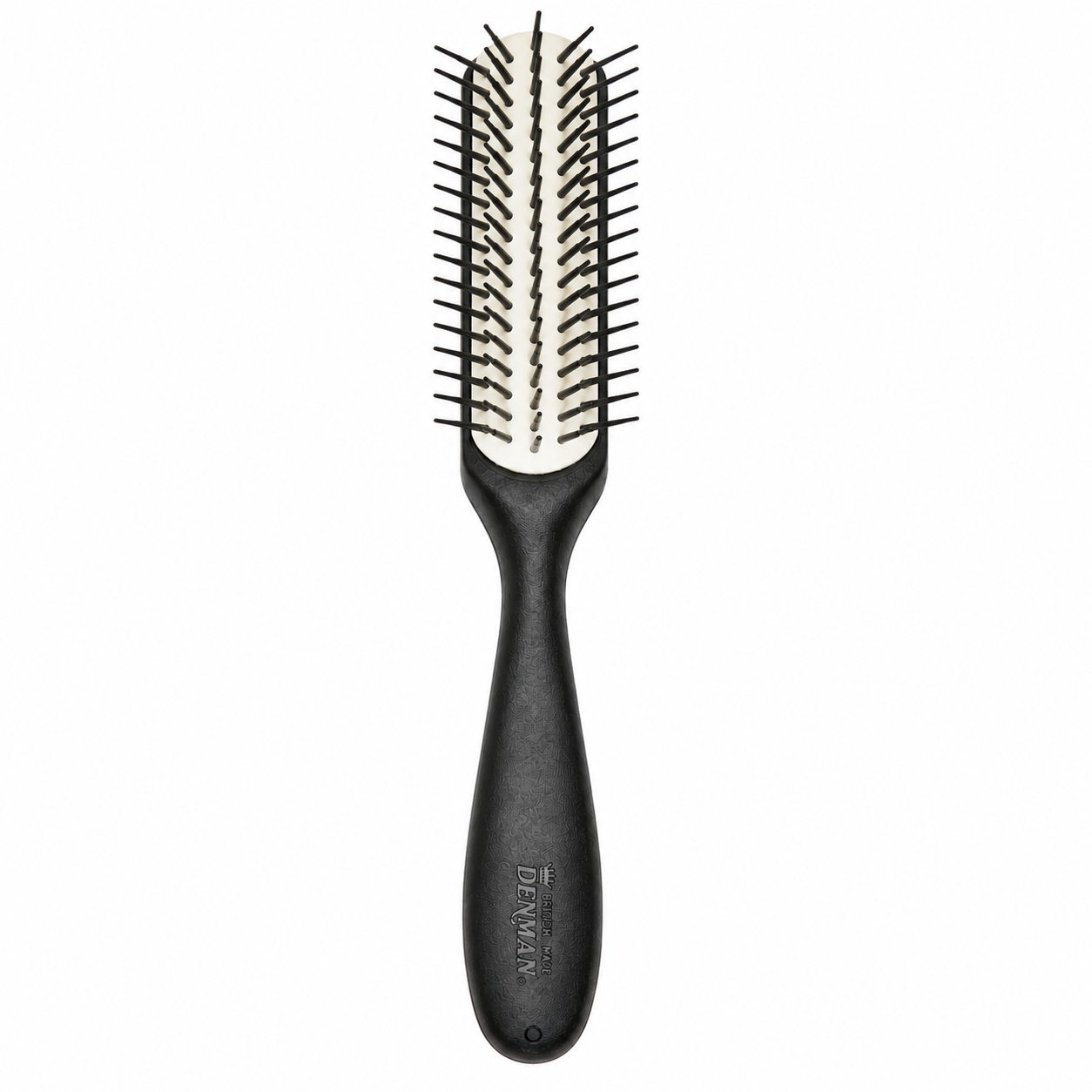 Denman D143 The Long Styler Brush front view with black ergonomic handle, white half-round cushion and five rows of smooth styling pins on a white background.