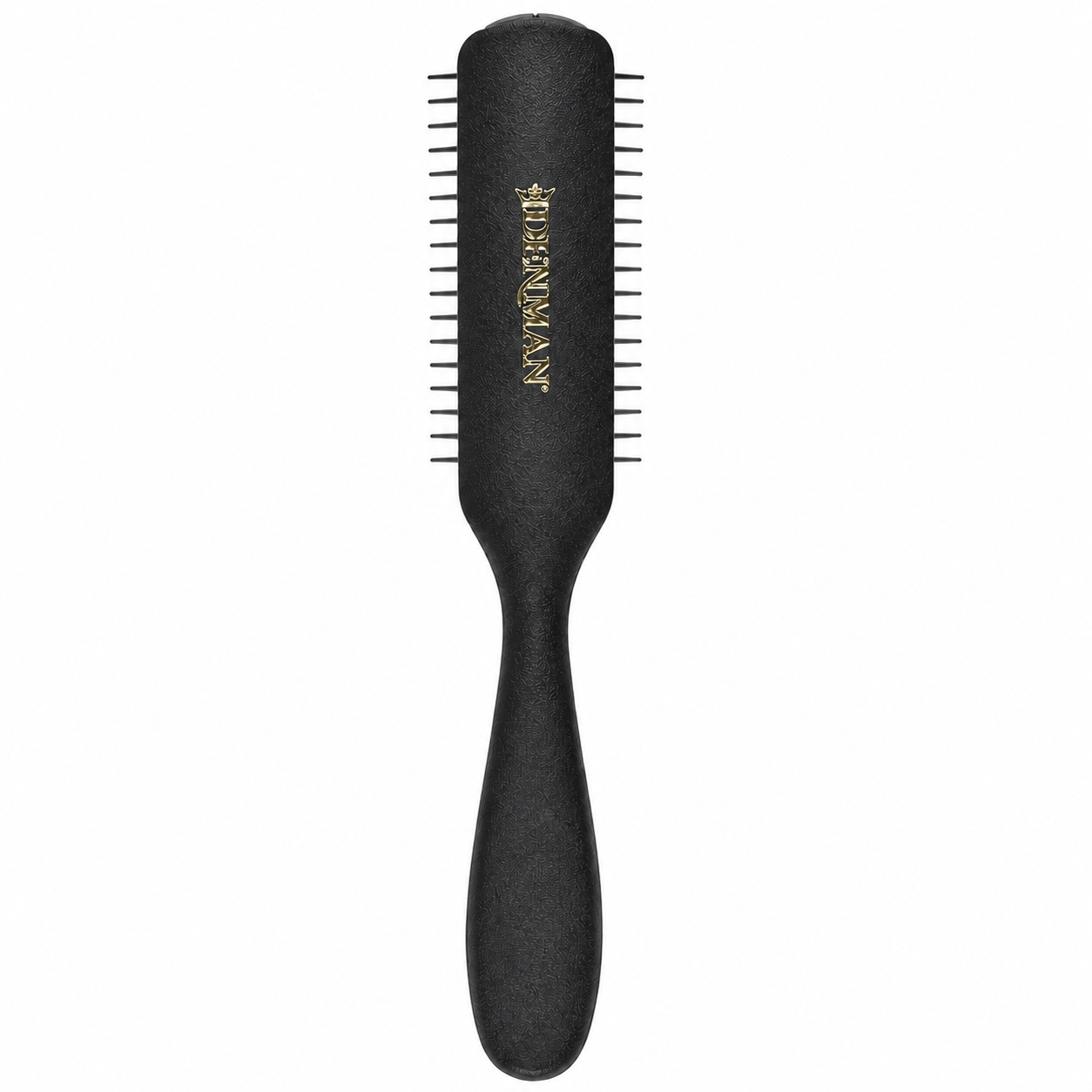 Denman D143 The Long Styler Brush rear view with black ergonomic handle and five-row styling pins on a white background.