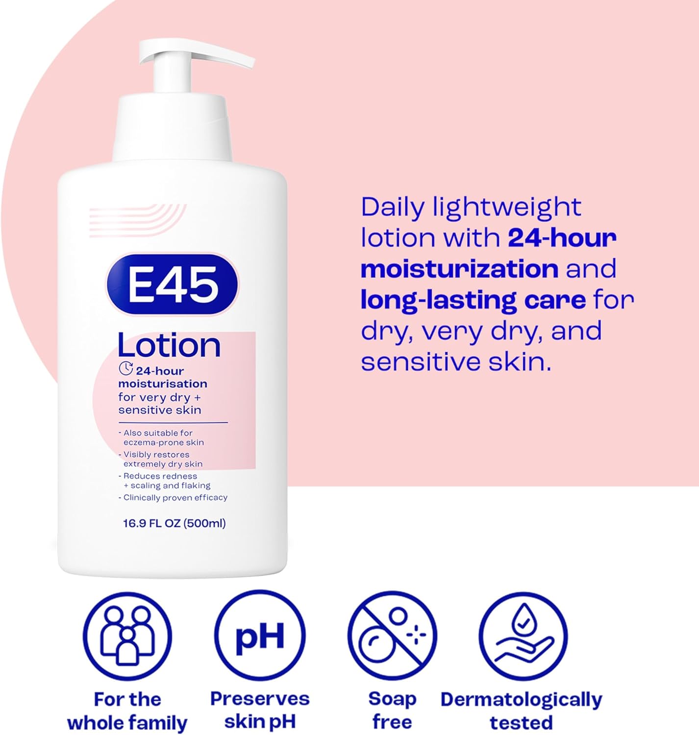 E45 Lotion - For Very Dry + Sensitive Skin 500ml daily lightweight lotion with 24 hour moisturization