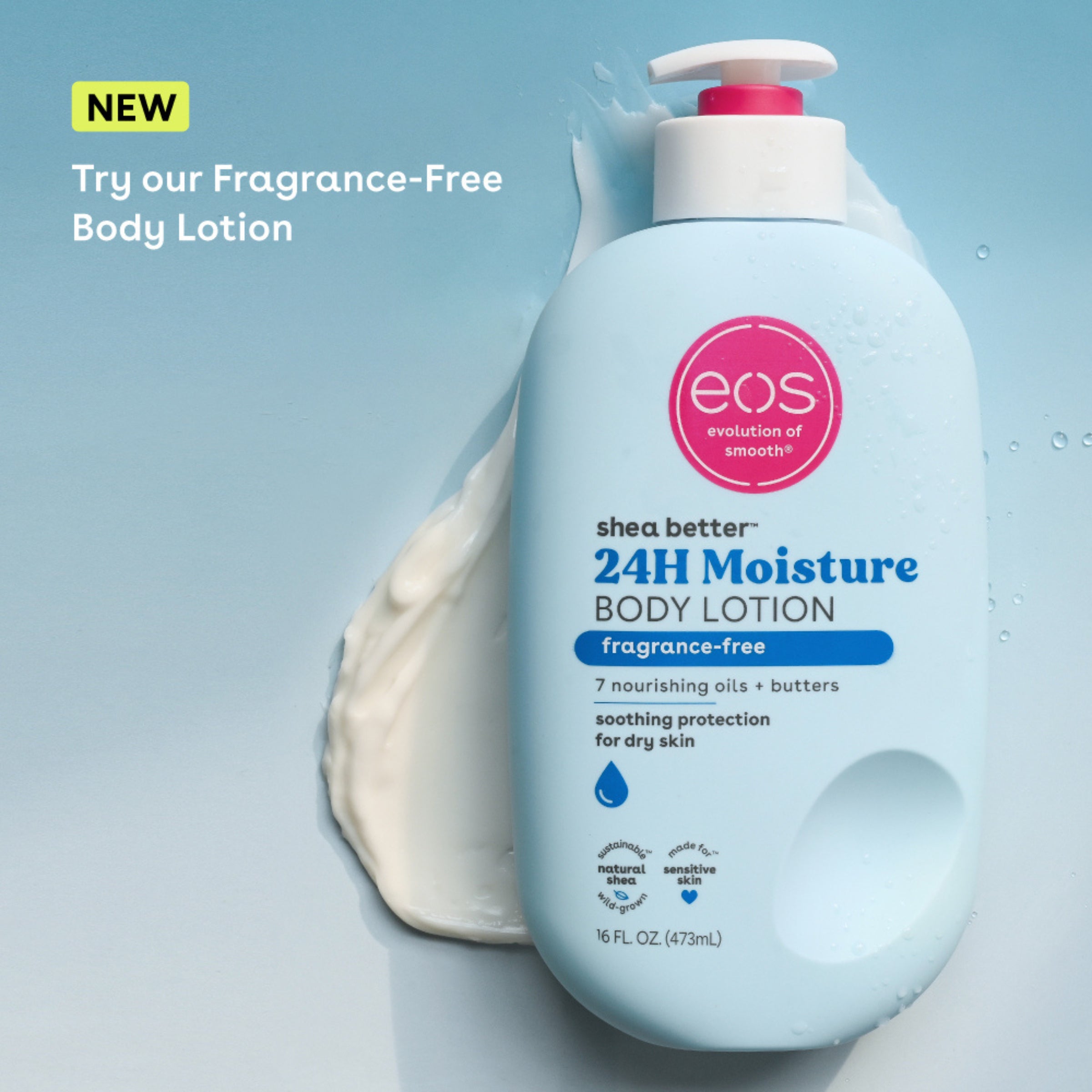 EOS Shea Better Sensitive Body Lotion Fragrance Free 473ml with sample behind bottle with blue background
