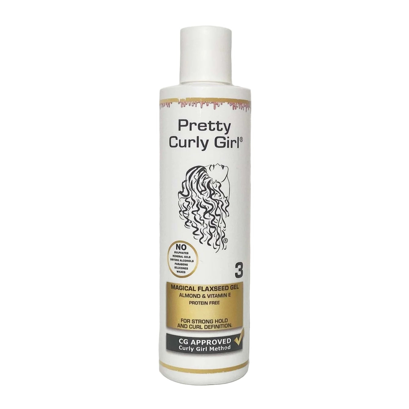 Pretty Curly Girl hair product bottle on a white background
