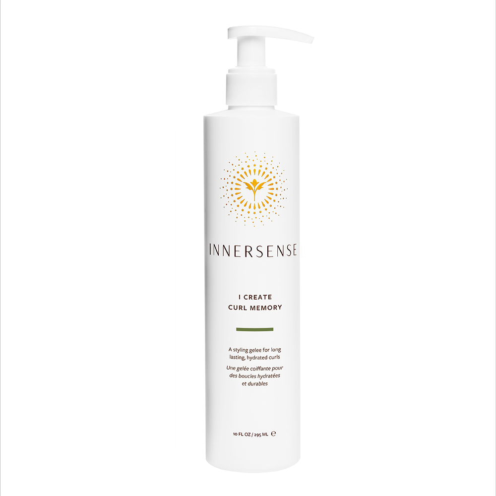 A bottle of Innersense I Create Curl Memory hair styling gelee with a pump dispenser.