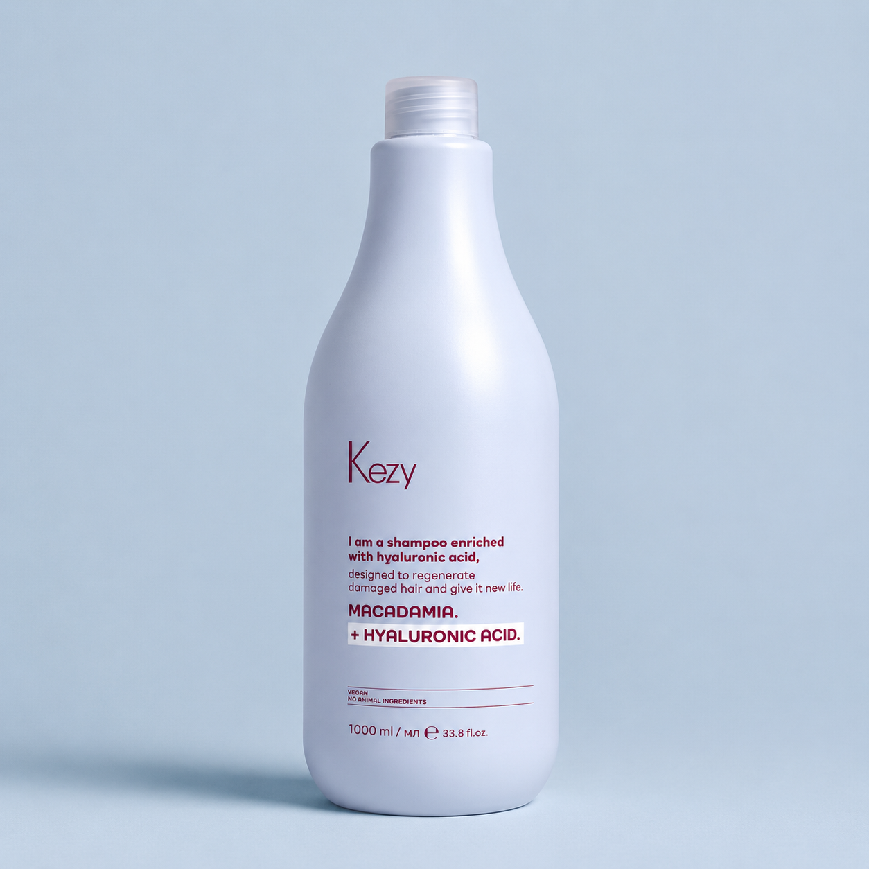 Kezy Macadamia + Hyaluronic Acid Shampoo 1000ml on a light blue background