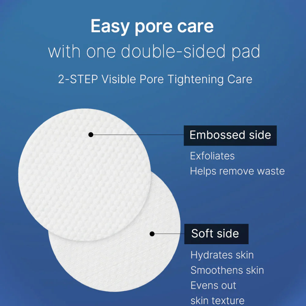 Double-sided pad for easy pore care with embossed and soft sides on a blue background.