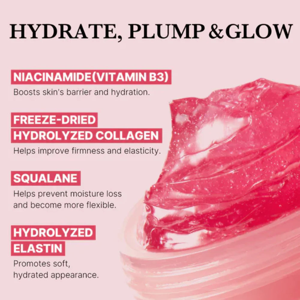 Product packaging with text highlighting ingredients for skin hydration, plumping, and glowing.
