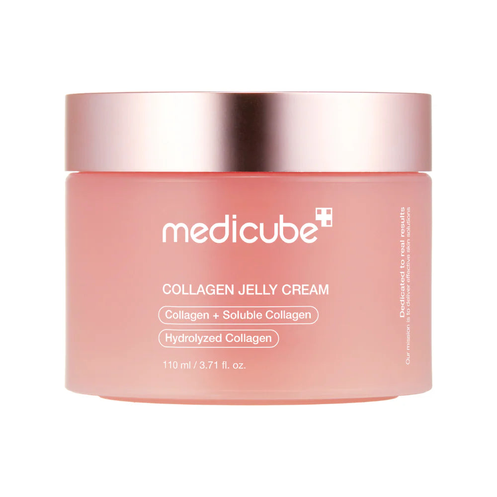Pink jar of Medicube Collagen Jelly Cream with a rose gold lid on a white background