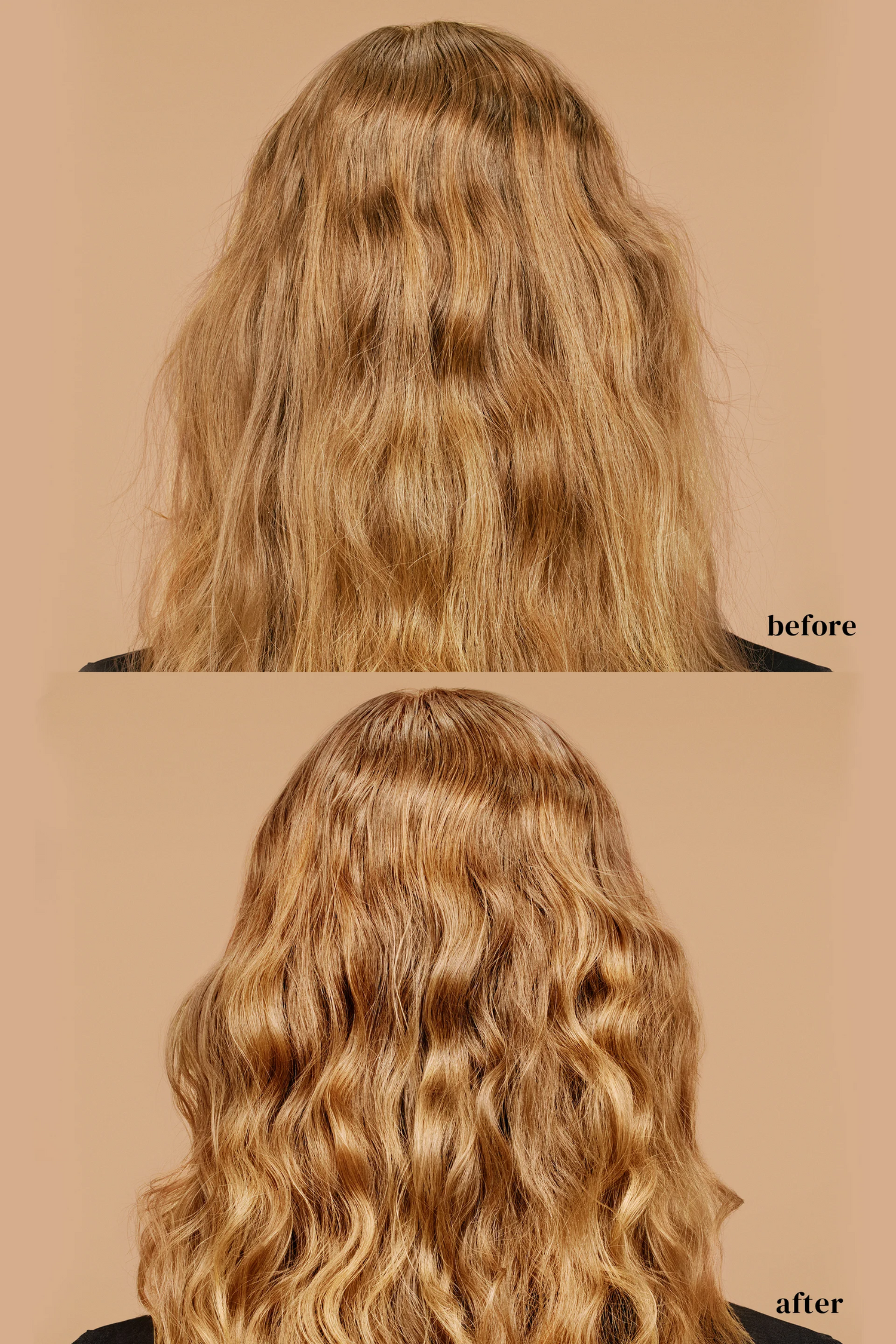 Before and after comparison of wavy hair on a beige background