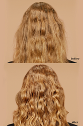 Before and after comparison of wavy hair on a beige background