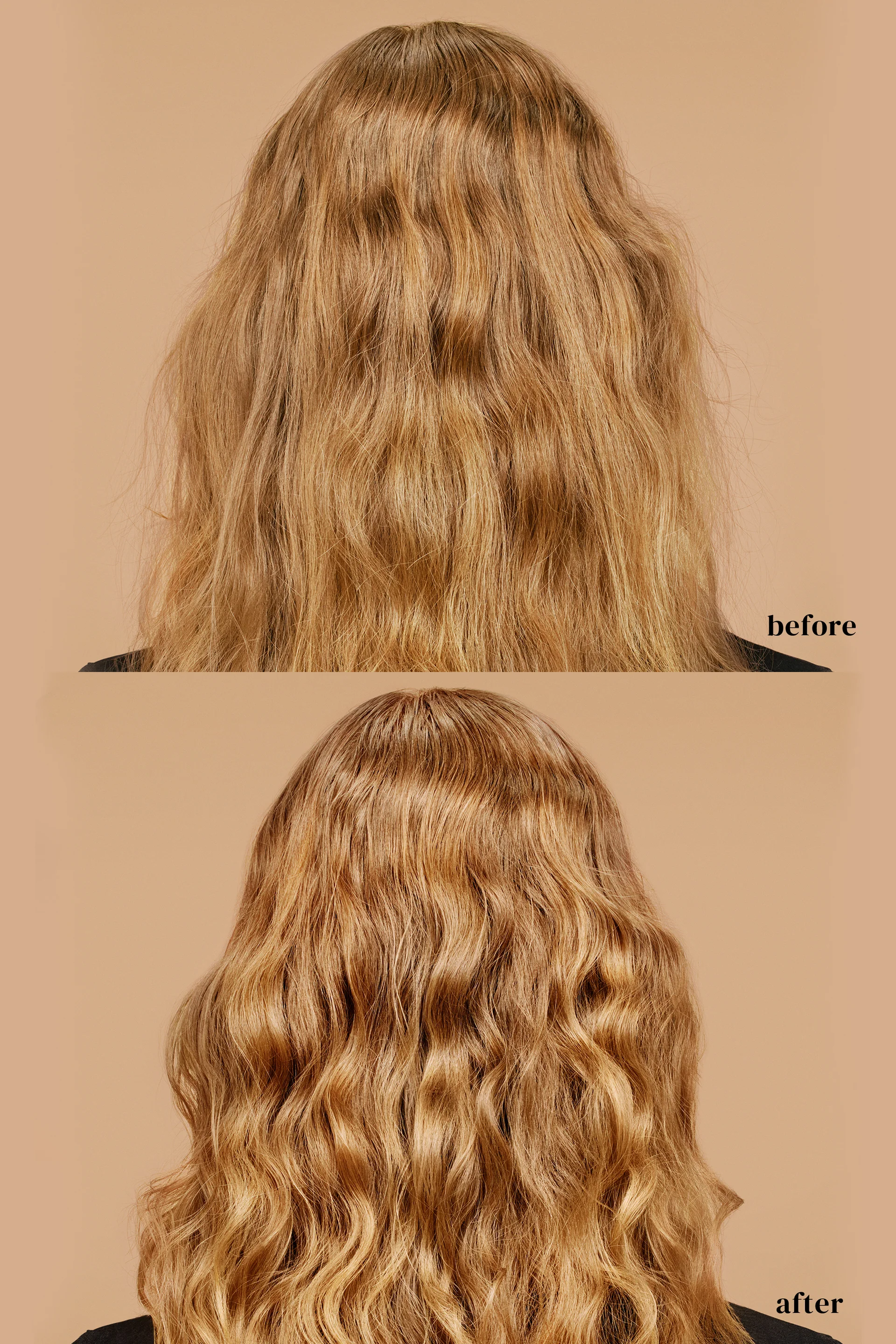 Before and after comparison of wavy hair on a beige background