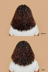 Before and after comparison of curly hair on a person with a beige background