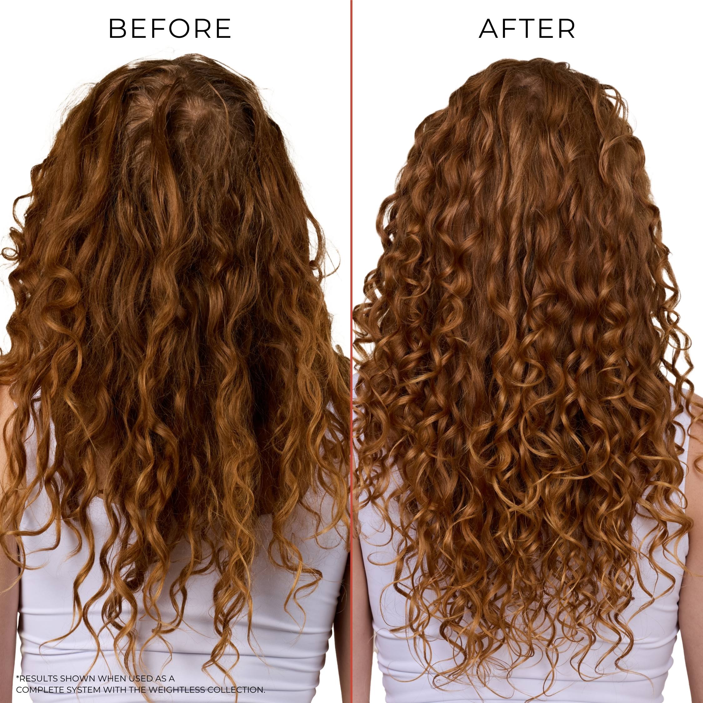 Before and after comparison of curly hair with a white background using Bounce Curl Thermal Guard Weightless Leave-In