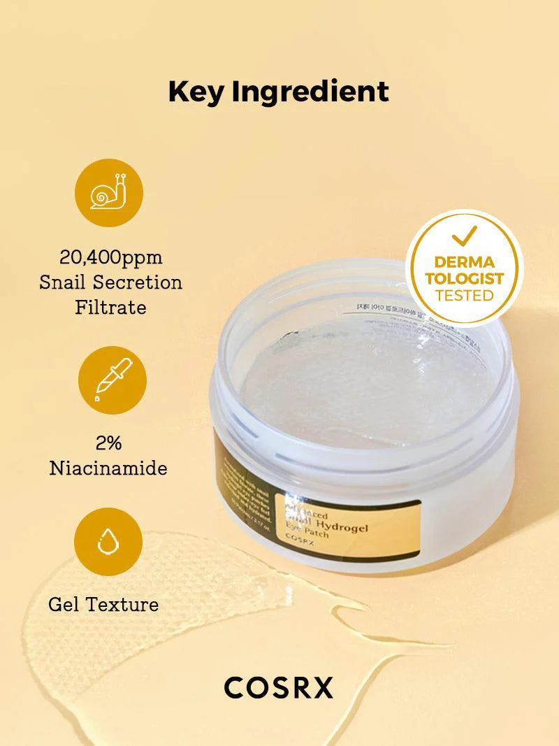 Cosrx gel texture product with key ingredient details on a beige background