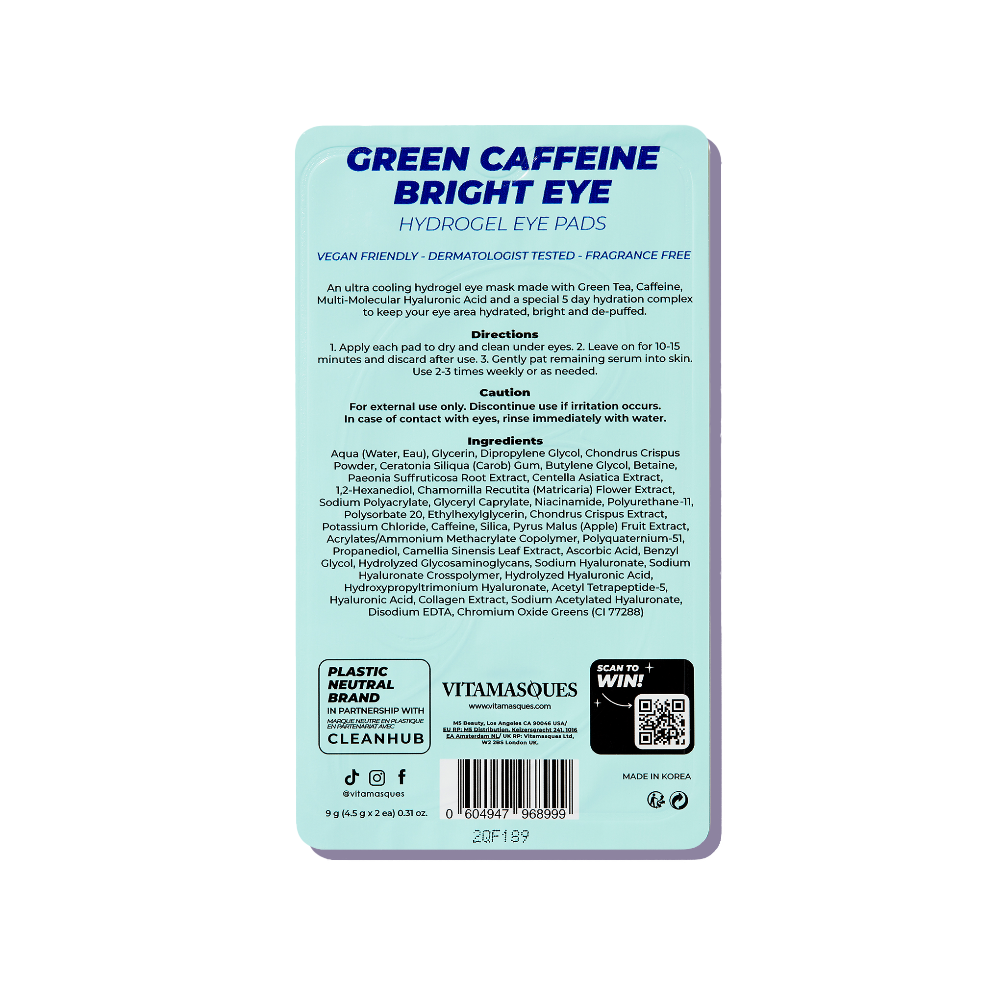 Vitamasques Bright Eye Green Caffeine Hydrogel Eye Pads - 1 Pair