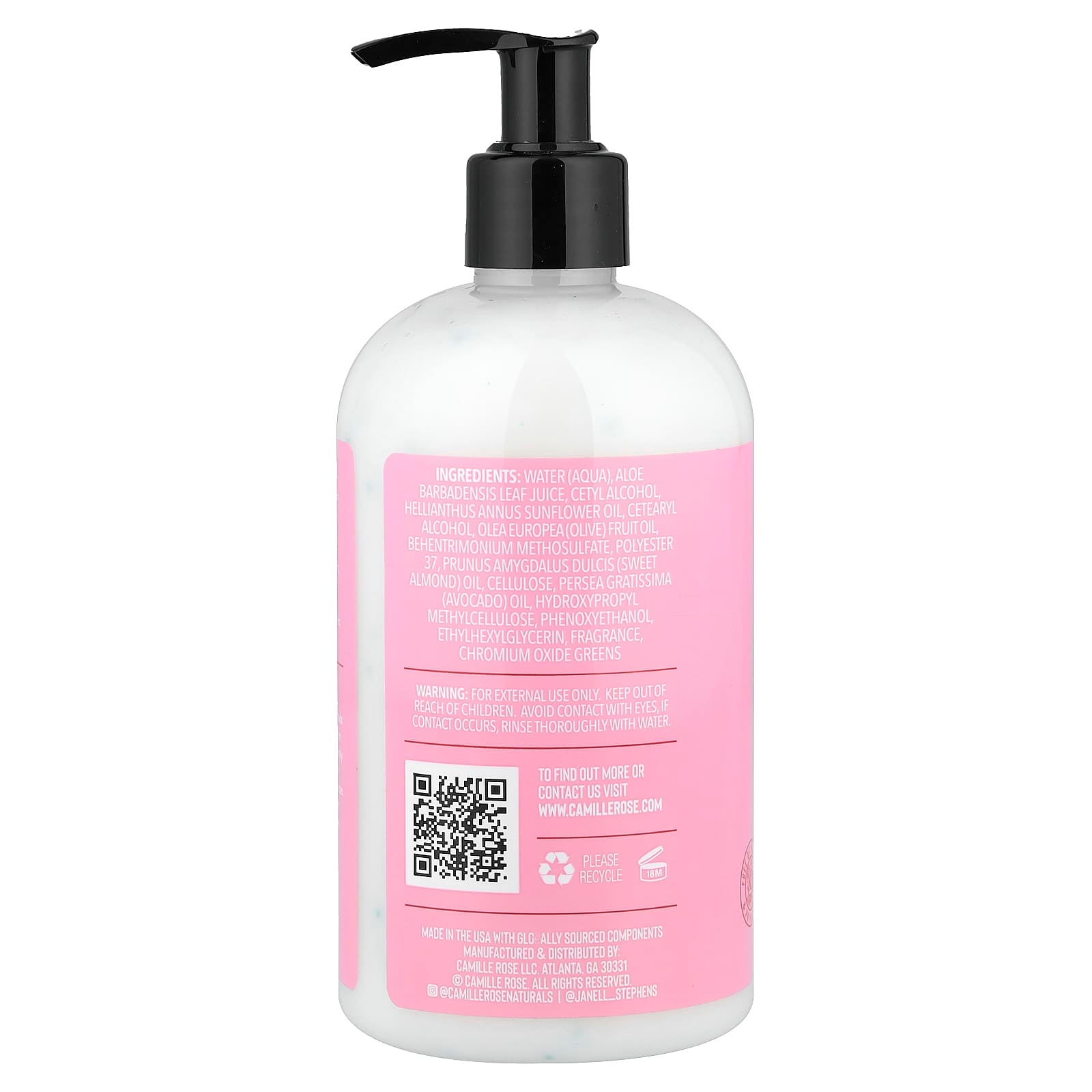 Camille Rose Curl Love Conditioner Bottle with pink label and black pump on a white background
