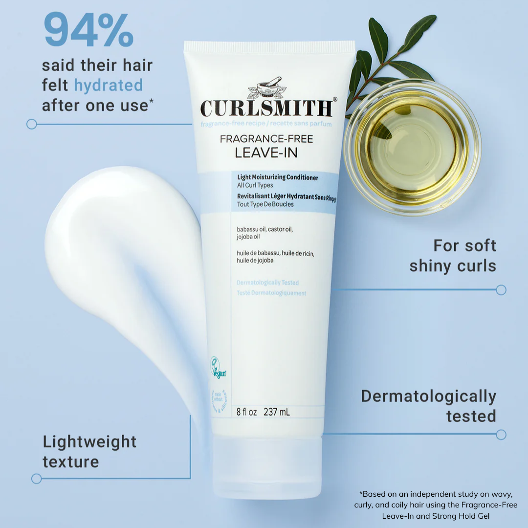 Curlsmith leave-in conditioner bottle with text on a light blue background