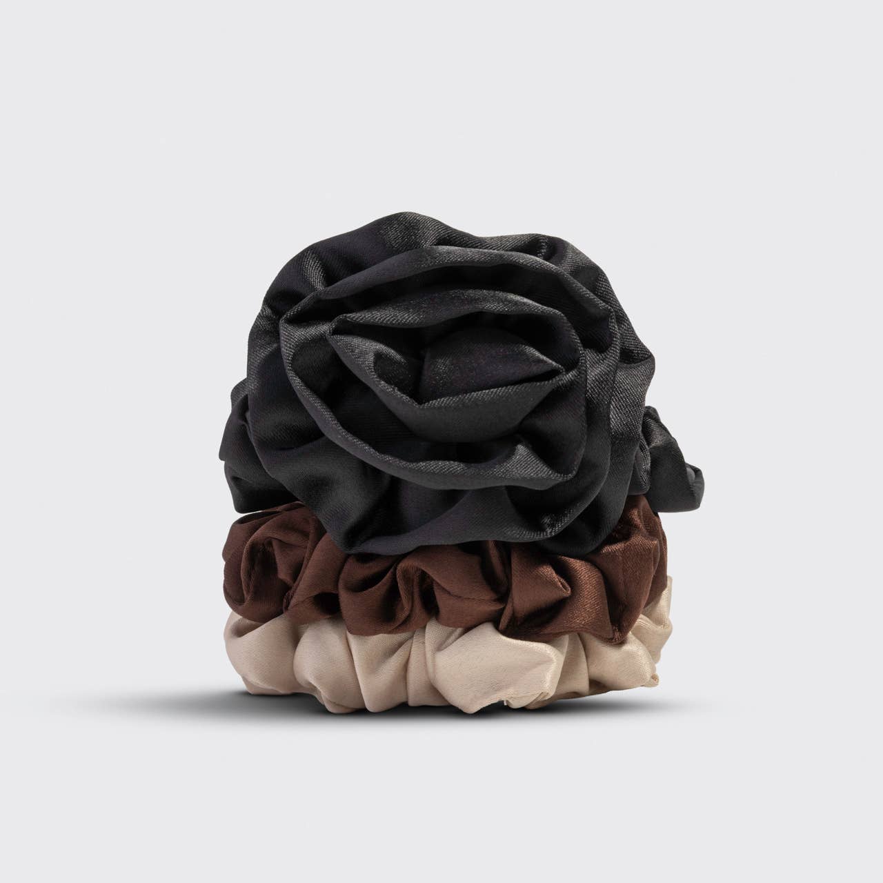 Kitsch Rosette Ruched Satin Scrunchies 3pc Set - Black