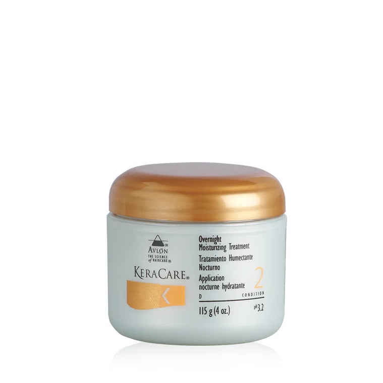 A jar of Avlon KeraCare Overnight Moisturizing Treatment, 4oz size, with a beige label and a gold lid.