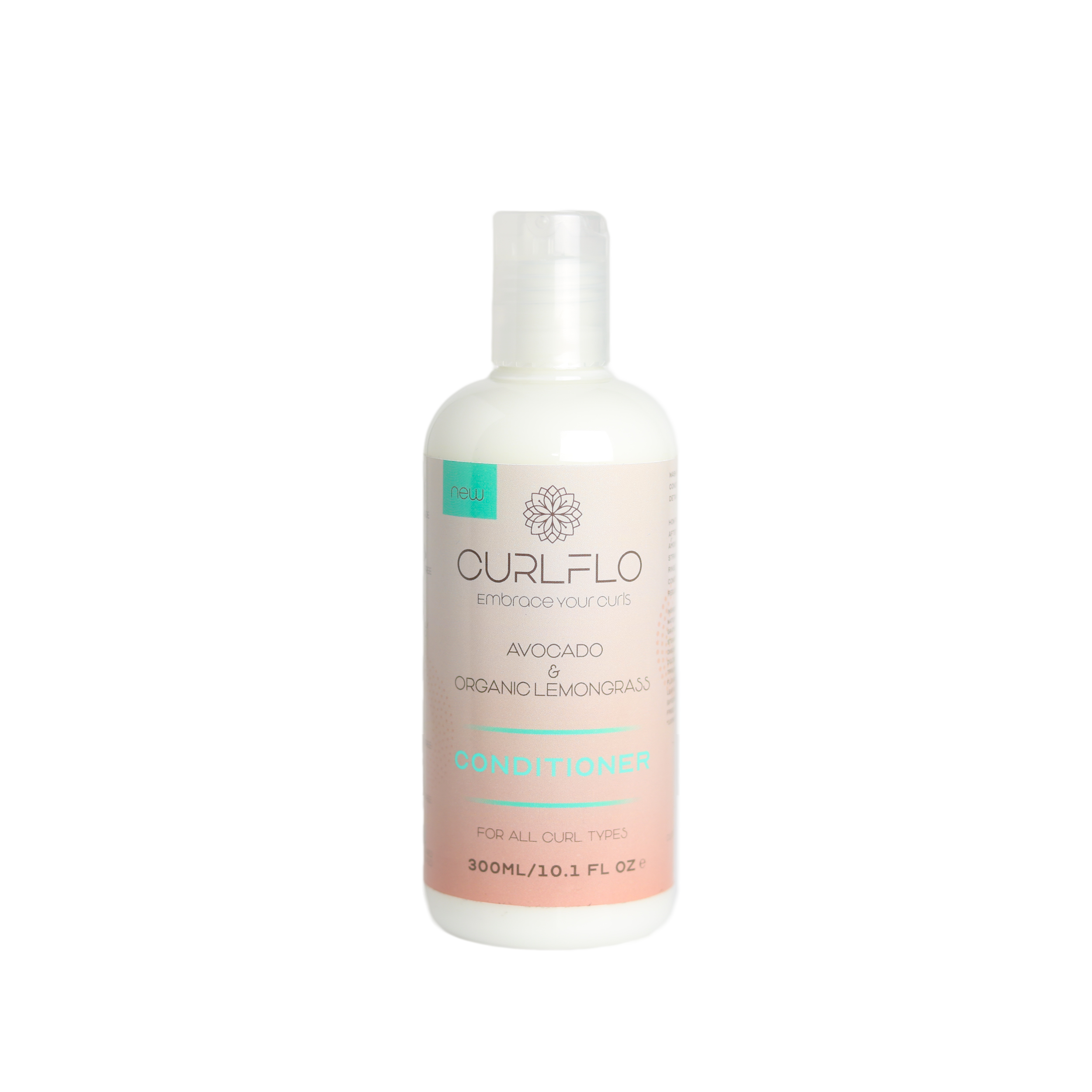 A bottle of Curl Flo Lemongrass & Avocado Conditioner with white and pink label, clear bottle showing the light yellow conditioner inside.