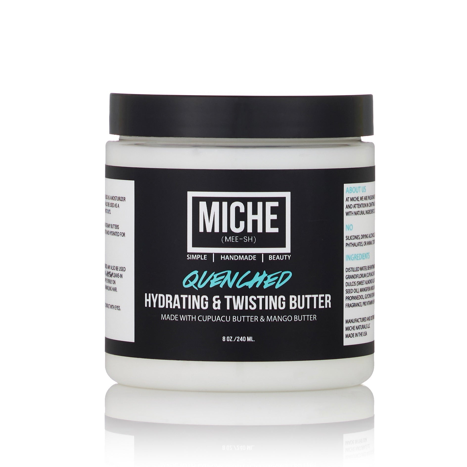 A container of Miche Beauty Quenched Hydrating & Twisting Butter with a white label on a white background.