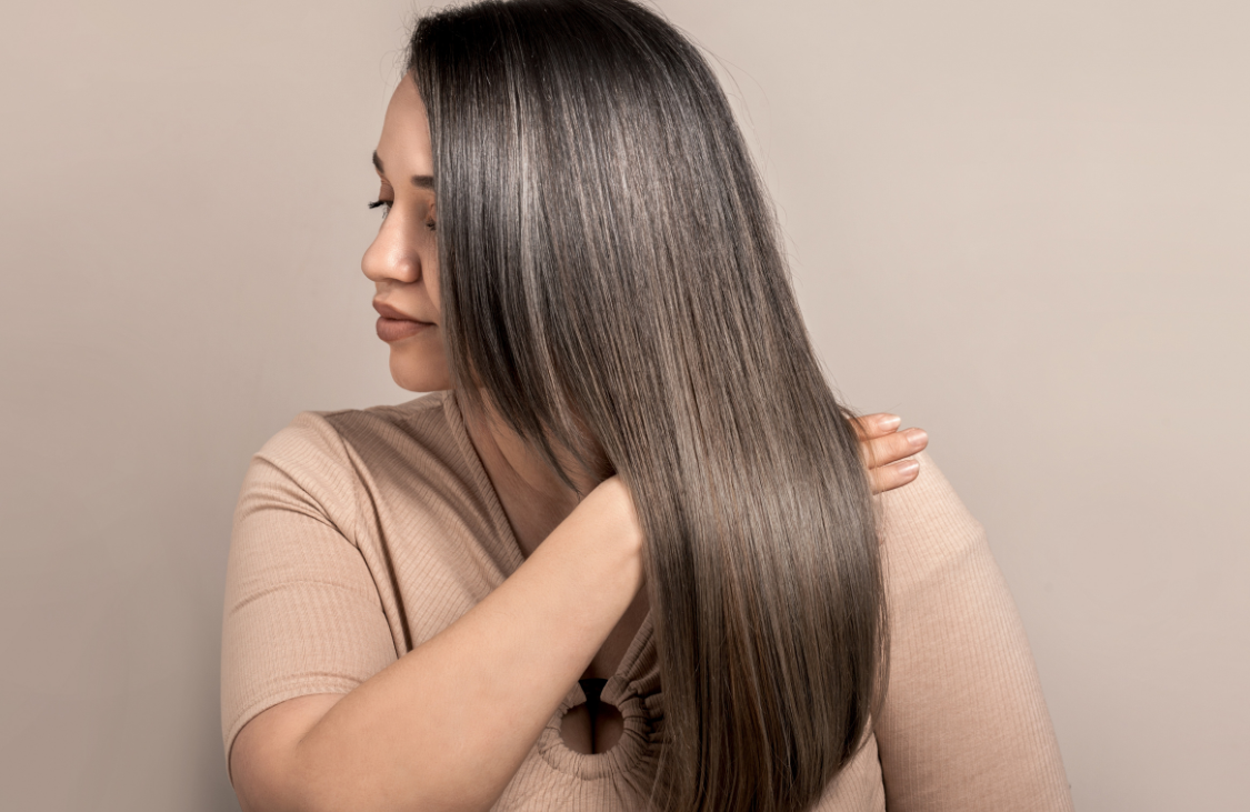 glass hair mirror shine effect on brown straight hair