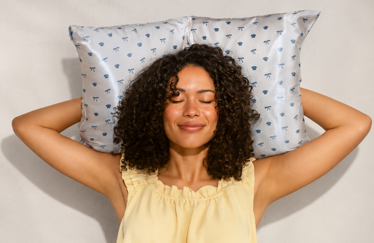 Kitsch coastal blue satin pillowcase. Shop silk and satin pillowcases at Kiyo Beauty