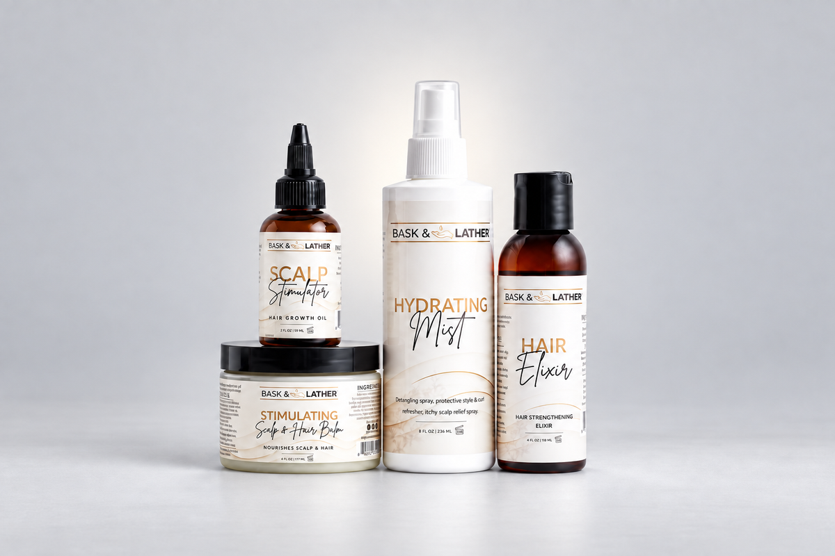 bask and lather collection group of products including mist, scalp stimulator, elixir and hair balm