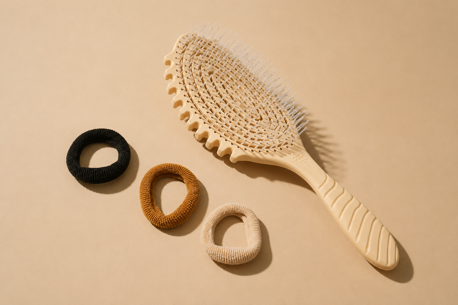 detangling brush and hair elastics on a cream background