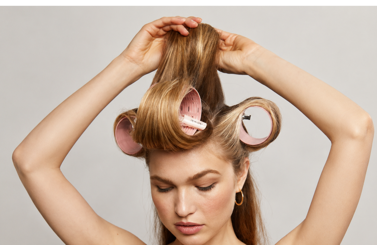 kitsch hair rollers on blonde long hair woman