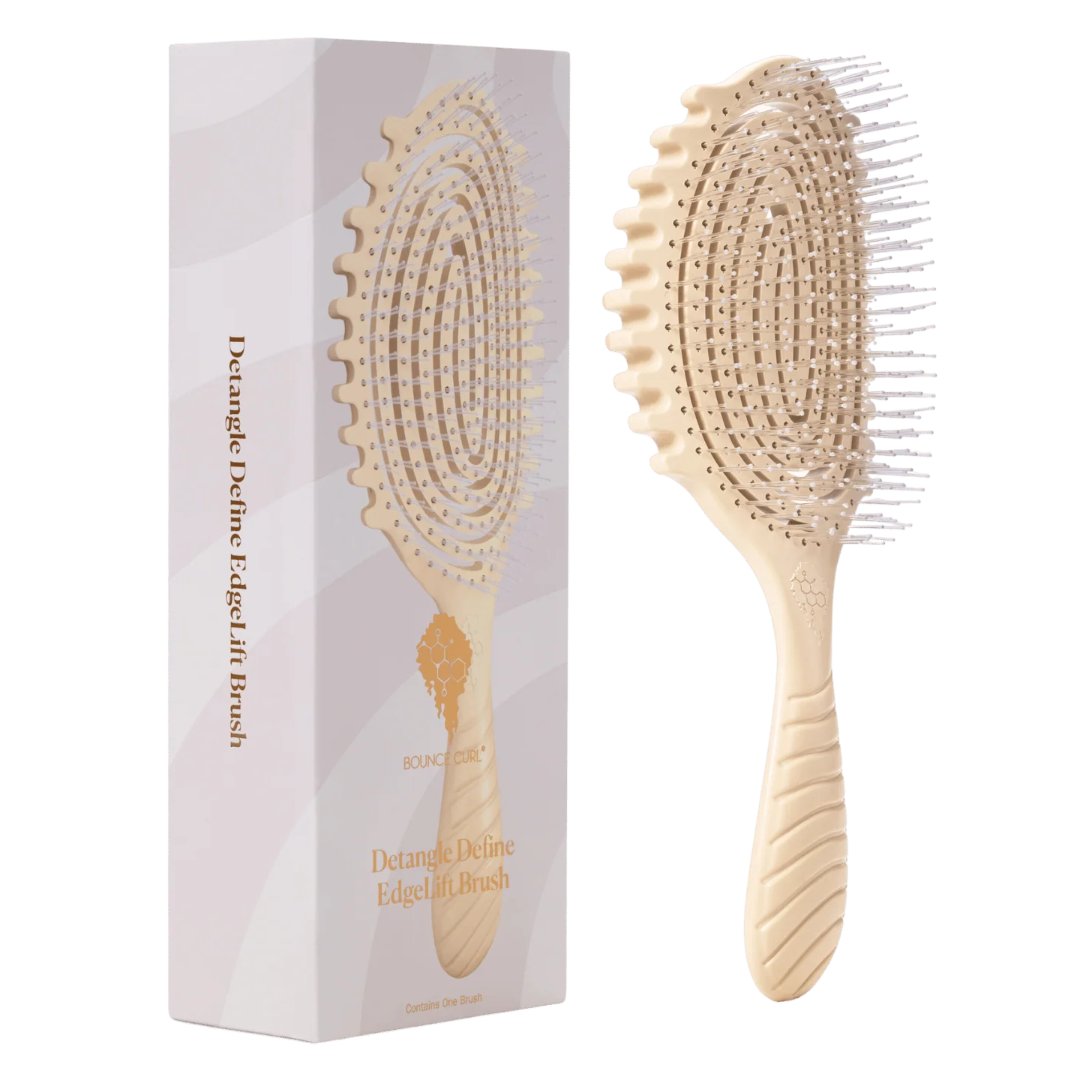 A bounce curl detangle define edgelift brush or paddle hairbrush shown next to its white and pale pink packaging box on a plain white background by Bounce Curl. 