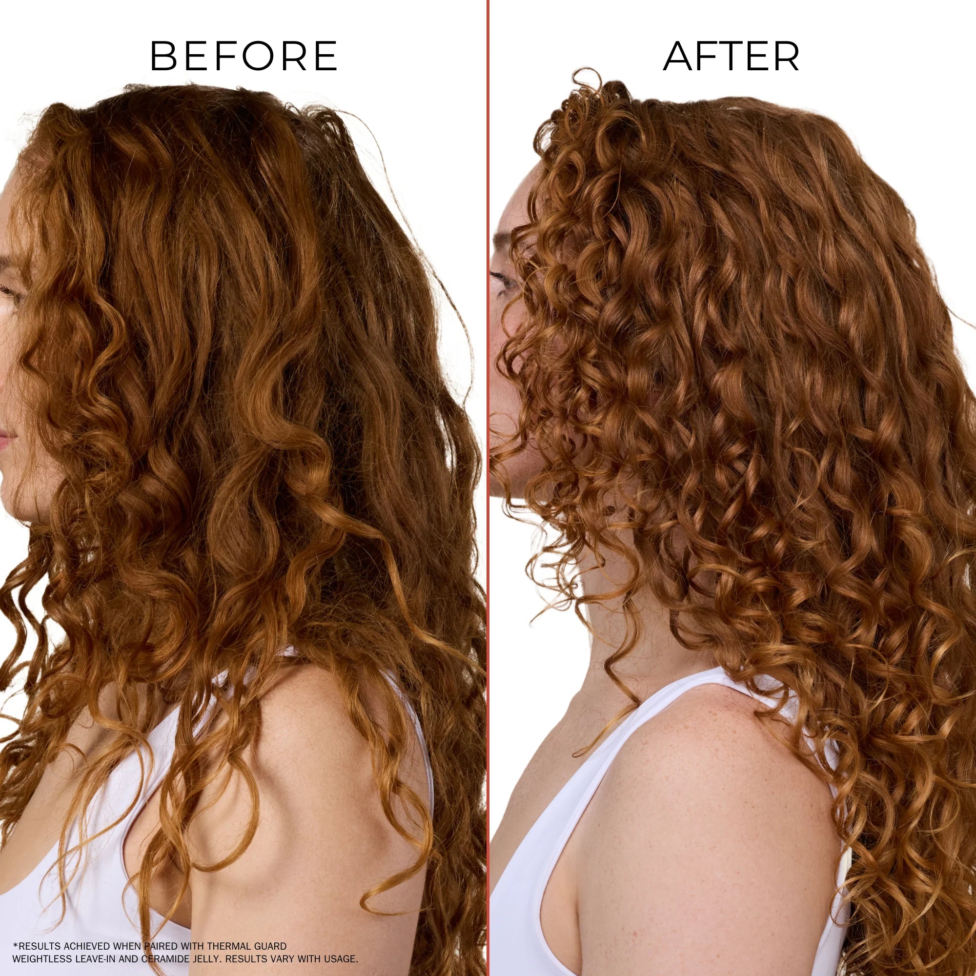 Before and after comparison of wavy hair with a person wearing a white tank top.