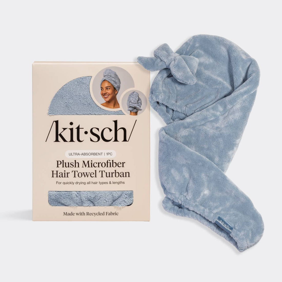 Kitsch Plush Microfiber Hair Towel Turban with Bow - Coastal Blue