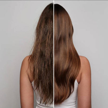 Before and after comparison of hair with a hair treatment on a neutral background