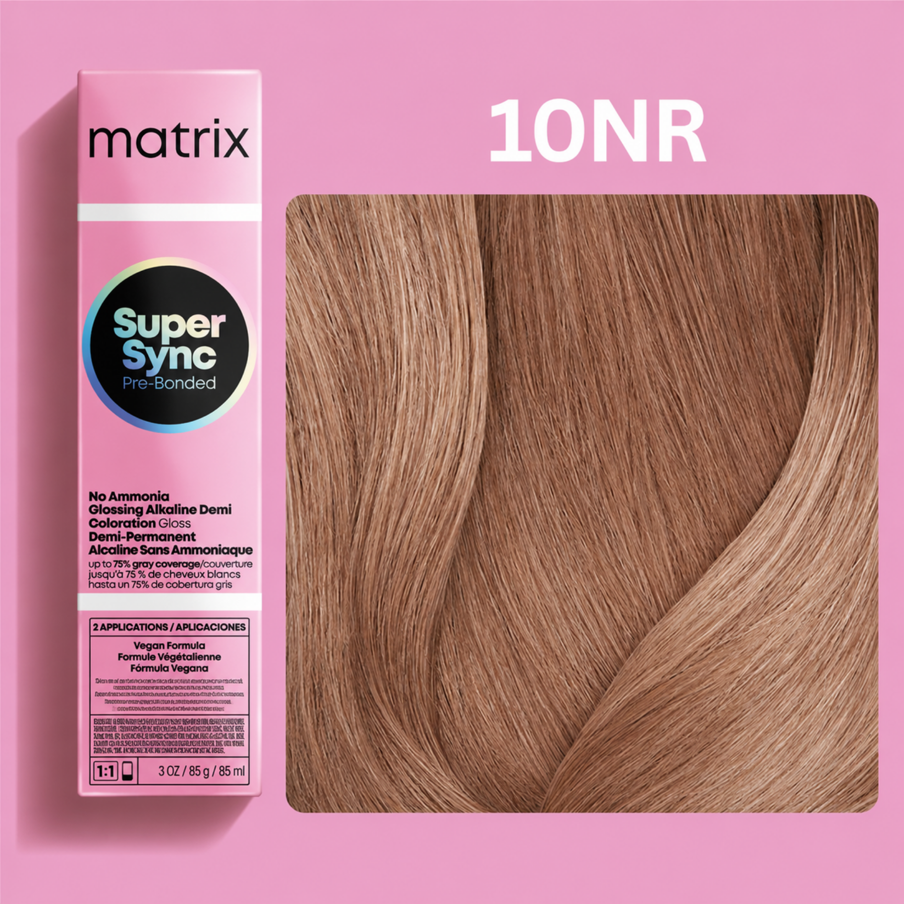 Matrix Super Sync Pre-Bonded Glossing Alkaline Demi-Permanent Hair Colour 10NR with natural red blonde hair colour swatch and Matrix professional salon colour packaging.