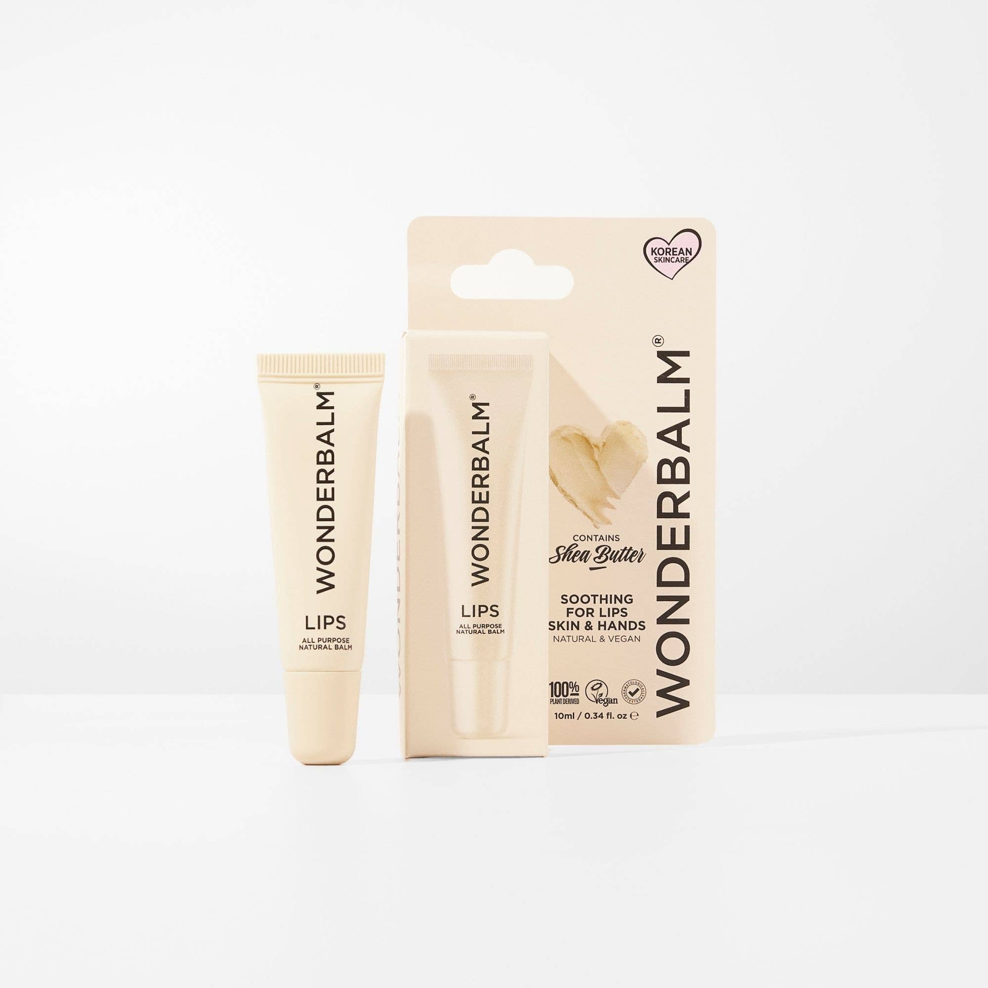 Wonderbalm lip balm tube and packaging on a white background