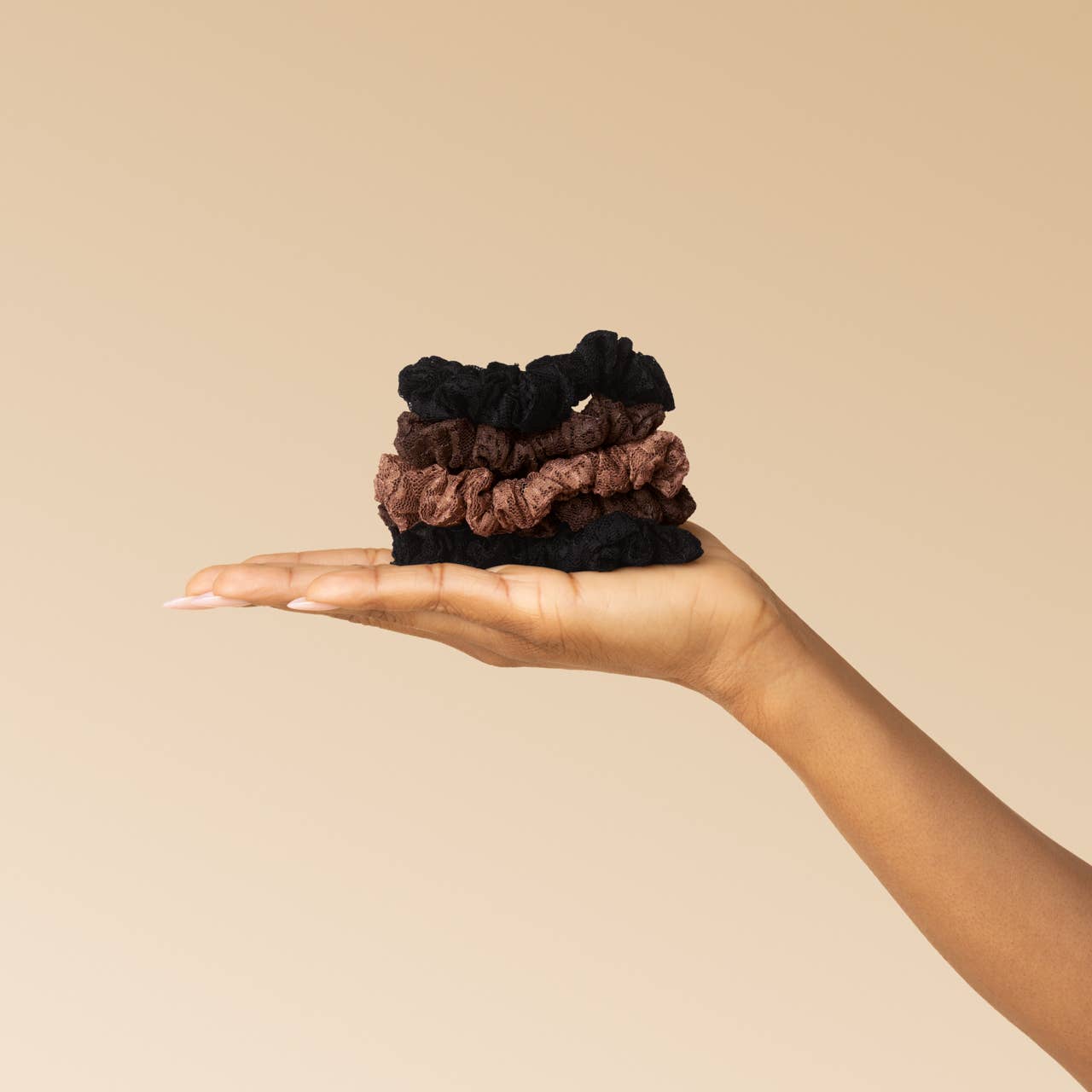 Kitsch Ruched Lace Scrunchies 5pc Set - Black, Chocolate & Mocha
