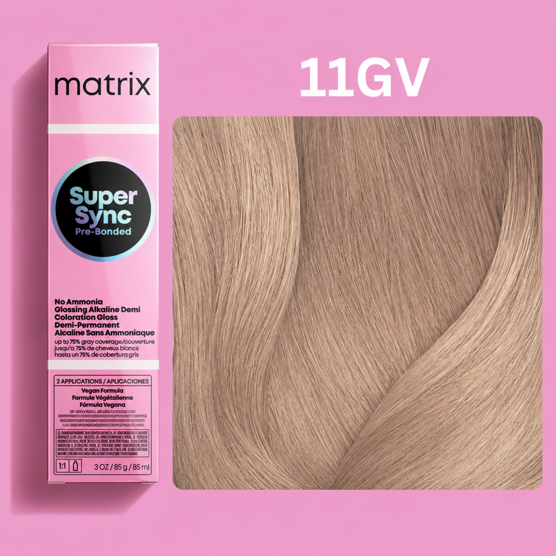 Matrix Super Sync Pre-Bonded Glossing Alkaline Demi-Permanent Hair Colour 11GV featuring ultra-light golden violet blonde hair colour swatch with Matrix professional salon colour packaging.