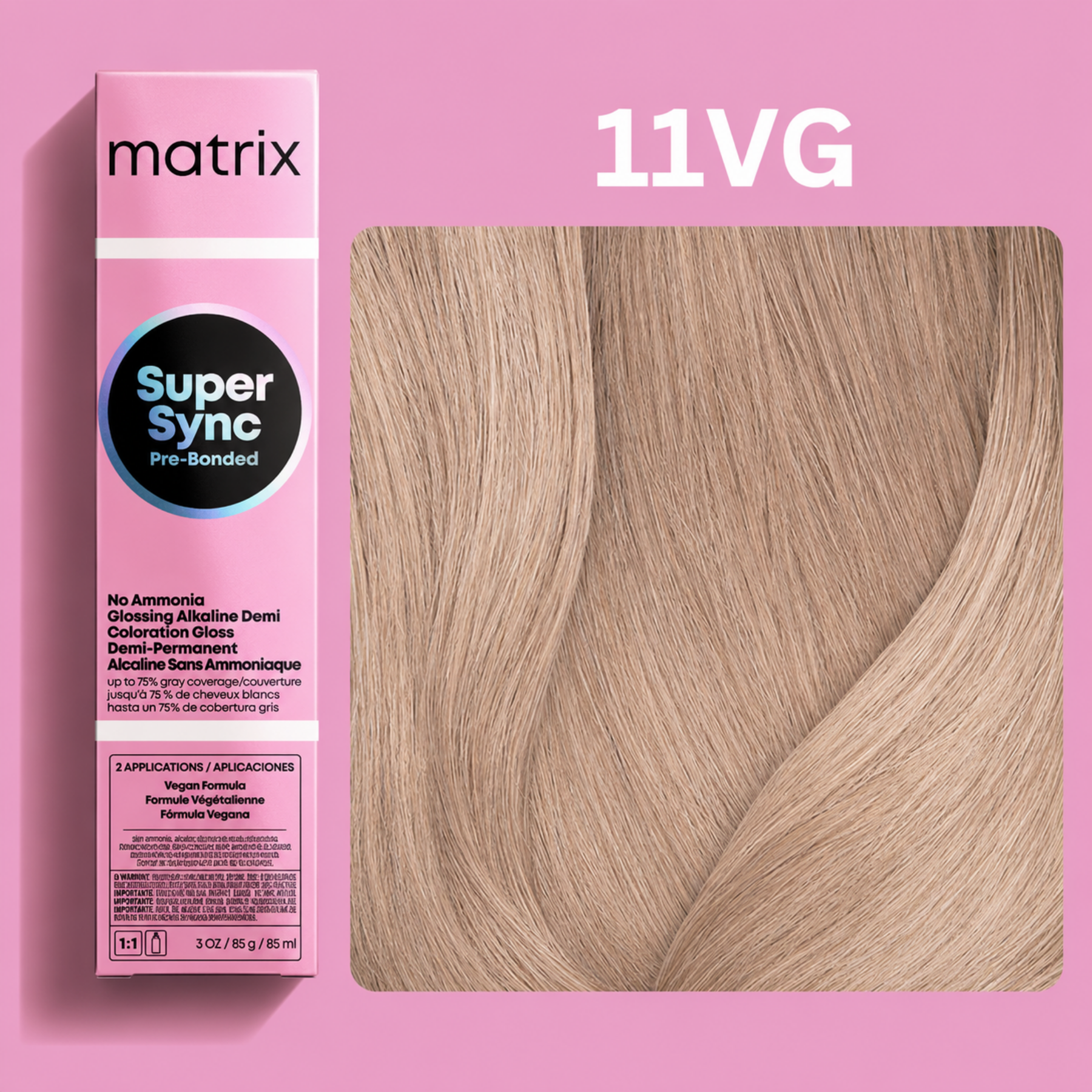 Matrix Super Sync Pre-Bonded Glossing Alkaline Demi-Permanent Hair Colour 11GV featuring ultra-light golden violet blonde hair colour swatch with Matrix professional salon colour packaging.