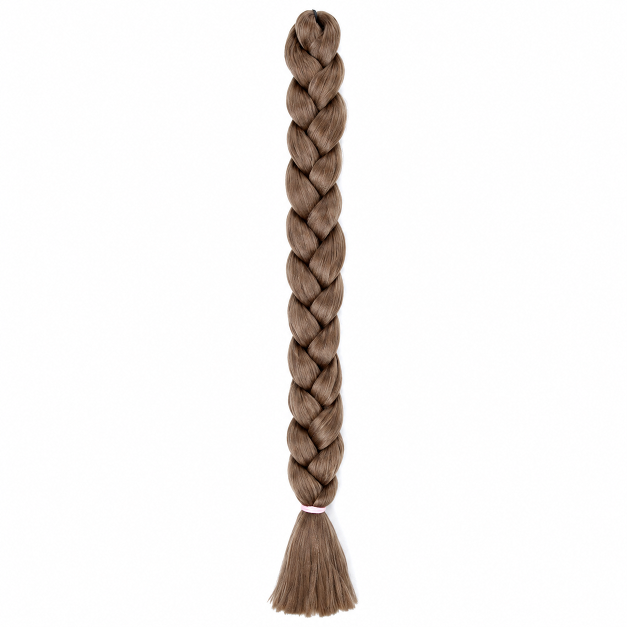 12 lightest brown long synthetic braiding hair extension in a neat three-strand braid with a smooth tassel end secured by a baby pink elastic band, isolated on a clean white background.