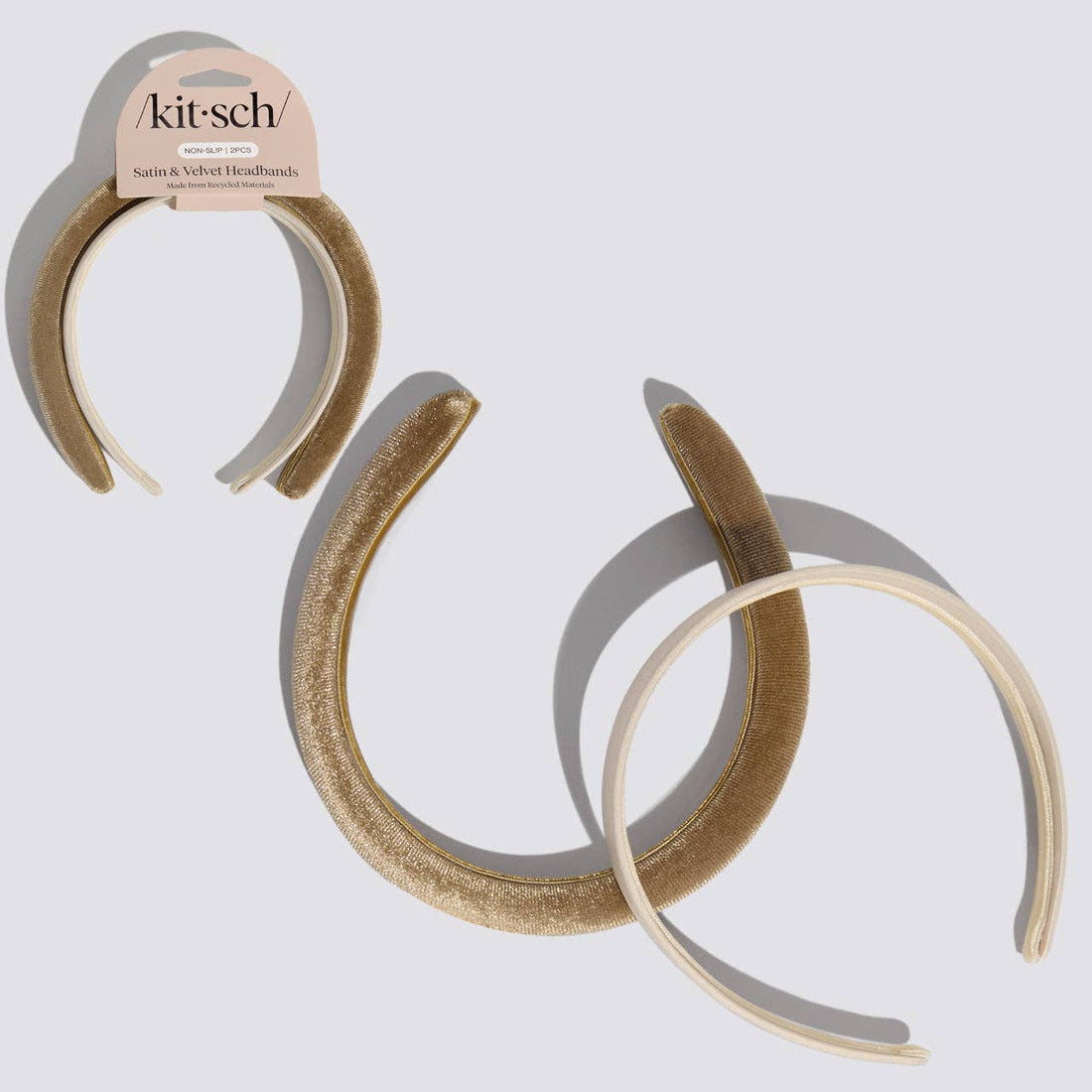 Kitsch Two satin velvet headbands on a white background with &