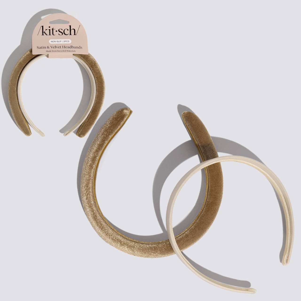 Kitsch Two satin velvet headbands on a white background with 'kitsch' packaging.
