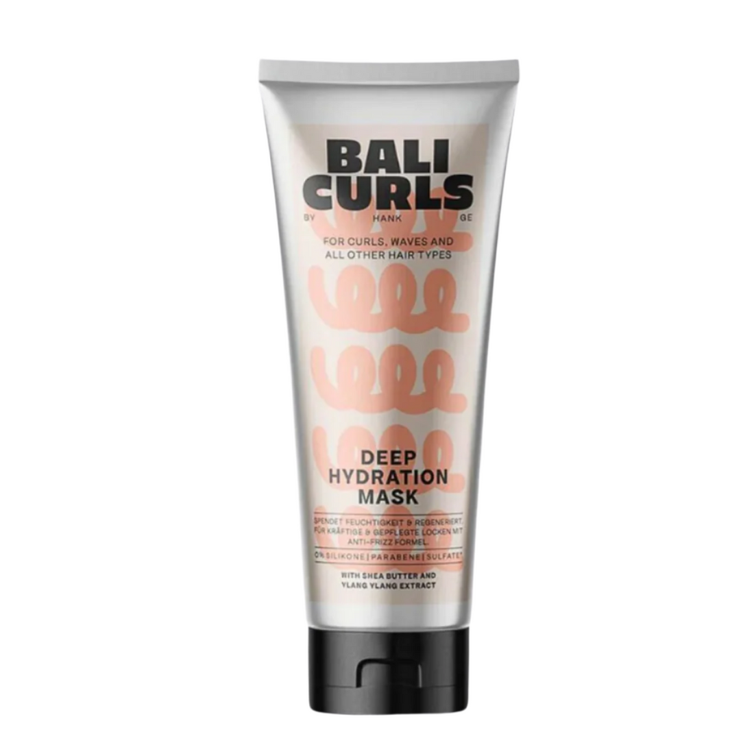 A tube of Bali Curls Deep Hydration Mask with product information and branding visible.