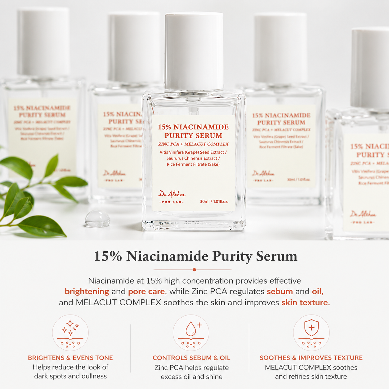 15% niacinamide purity serum bottles displayed on a clean white background. promotional graphic highlighting a high-strength niacinamide formula with zinc pca and melacut complex to brighten skin, refine the appearance of pores, regulate excess oil and sebum, soothe the skin, and improve overall skin texture.