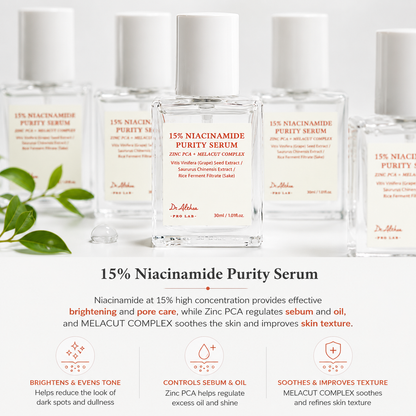 15% niacinamide purity serum bottles displayed on a clean white background. promotional graphic highlighting a high-strength niacinamide formula with zinc pca and melacut complex to brighten skin, refine the appearance of pores, regulate excess oil and sebum, soothe the skin, and improve overall skin texture.