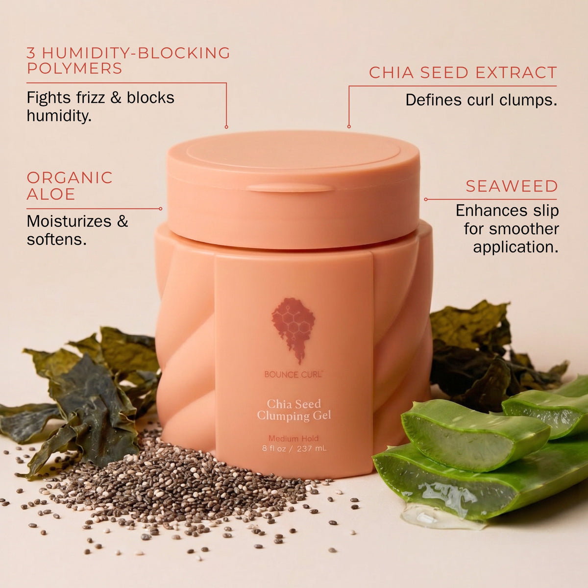 A peach-colored jar of Bounce Curl Chia Seed Clumping Gel is shown with descriptive text callouts highlighting its ingredients and benefits, surrounded by a styled flat-lay of chia seeds, aloe vera, and seaweed on a light beige background.